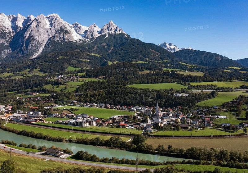 Drone image, settlement area, view of village with church, Pfarrwerfen, Tennengebirge, Salzachtal, Pongau, Salzburg province, Austria
