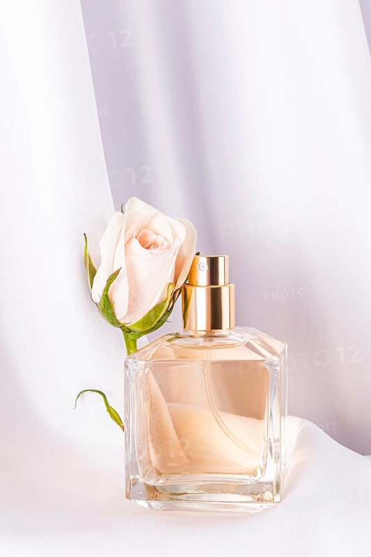 A delicate rose blossom complements an elegant perfume bottle, set gracefully on soft white fabric. The composition captures luxury and subtle elegance in a harmonious scene