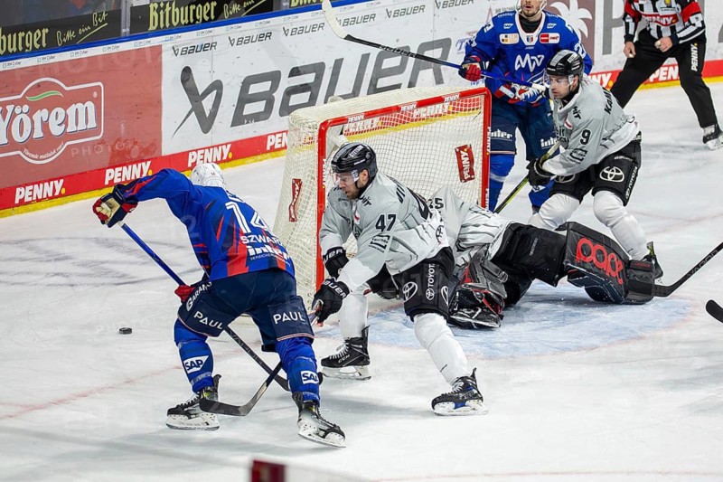 DEL, German Ice Hockey League season 2024/25, matchday 31: Adler Mannheim vs Cologne Sharks. Picture: Jordan Szwarz (14, Mannheim) fails to score a goal in this situation