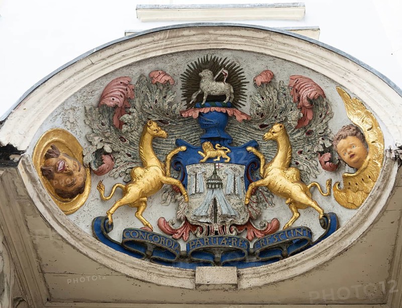 Guild of Ancient Merchant Taylors, Taylors Hall doorway canopy Coat of Arms, Bristol, England, UK