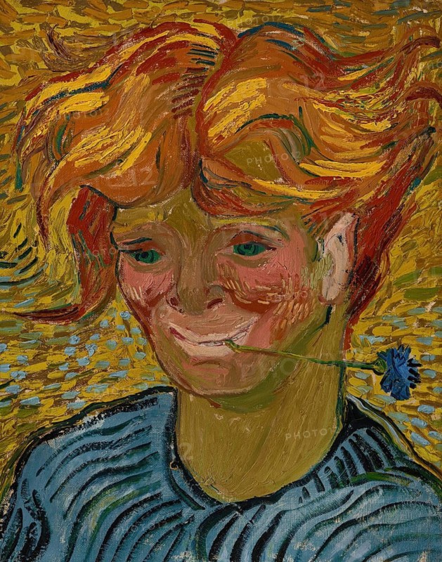 Jeune homme au bleuet (1890), Young man with cornflower, Painting by Vincent Willem van Gogh (born 30 March 1853 in Groot-Zundert, died 29 July 1890 in Auvers-sur-Oise), Dutch painter and draughtsman, one of the founders of modern painting, Illustration, Reproduction from a painting. Authentic, exact date of the original unknown, Historical, Expressionist portrait of a smiling person with pronounced facial features