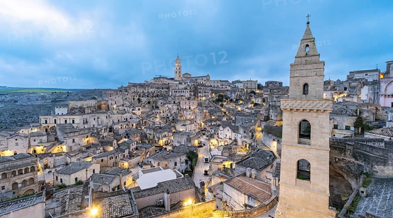 Panoramic View of Sassi di Matera at nightfall, Sasso Barisano, Basilicata, Italy