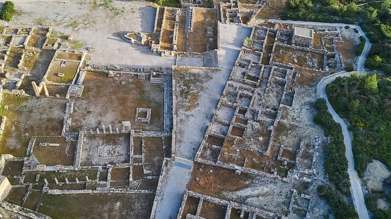 Drone image, first morning light, aerial view of a spacious ancient site with visible walls and structures in open space, Kamiros, Archaeological site, Ancient city, Foundation of Doric Greeks, Rhodes, Dodecanese, Greek Islands, Greece