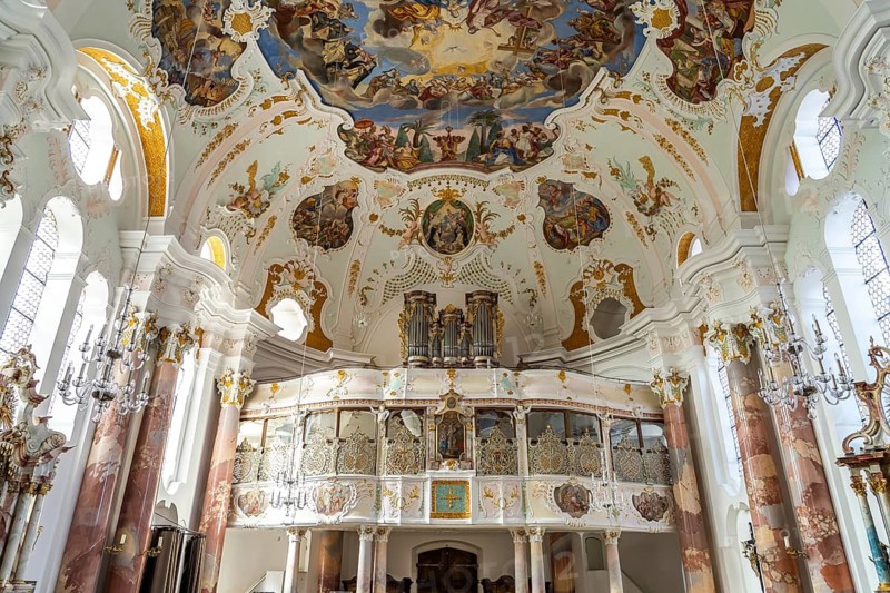 Organ and west gallery in the interior of the Church of Our Lady in Günzburg, Bavaria, Germany