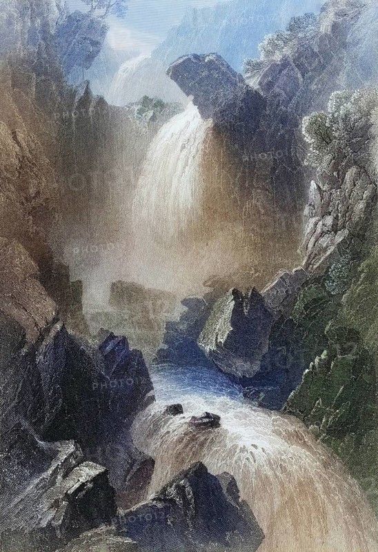 Head of Devil's Glen, County Wicklow, Ireland, from the Landscape and Antiquities of Ireland, 1841, digital reproduction of a historical model
