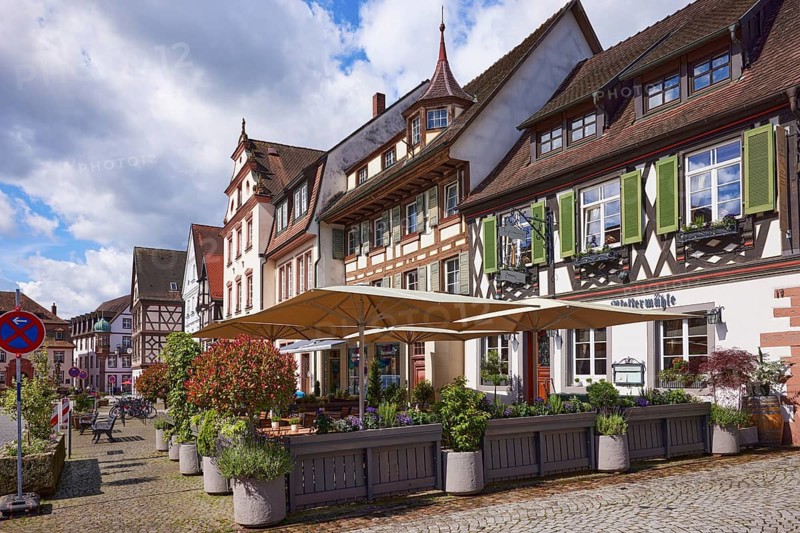 Outdoor area of the Pfeffermühle restaurant in Gengenbach, Black Forest, Ortenaukreis, Baden-Württemberg, Germany