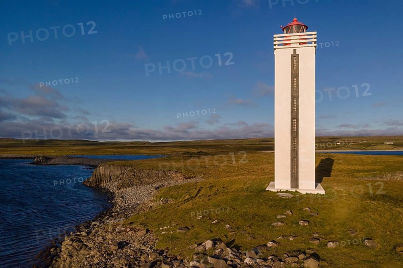 Drone image, aerial view, lighthouse, Kálfshamarsvík, Skagi peninsula, Iceland