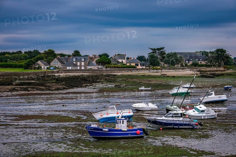 Barfleur, Normandy, France - Fishing boats at low tide in the mud in the harbour of Barfleur, a picturesque fishing village, a French commune in the Manche department on the Cotentin peninsula in the Normandy region