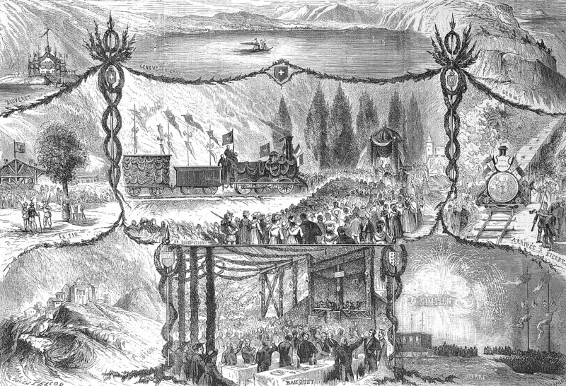 Inauguration of the railway line at the Simplon Pass, section Simplon to Sierre, 1868, Switzerland, Historic, digitally restored reproduction of a 19th century original