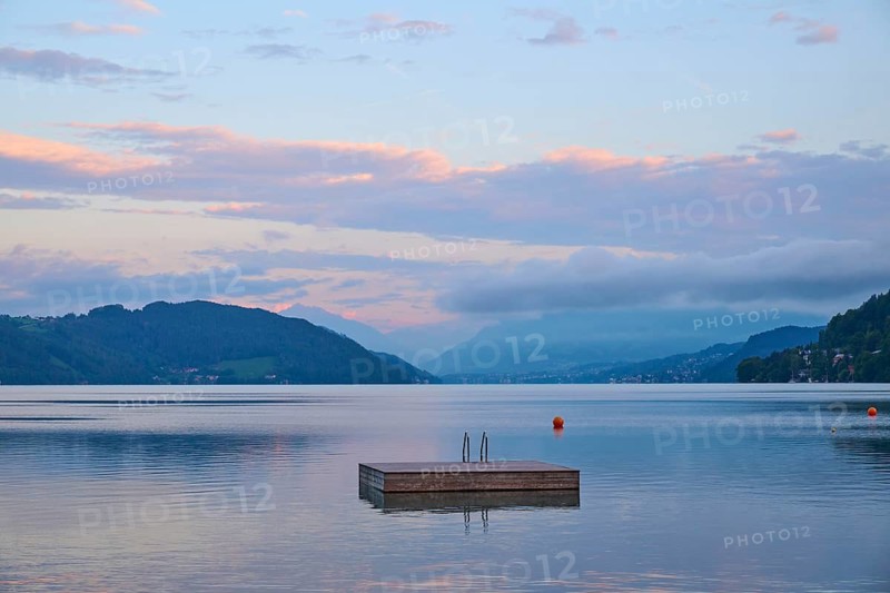 Lake, bathing raft, sky, clouds, twilight, sunrise, summer, Lake Millstatt, Döbriach, Carinthia, Austria