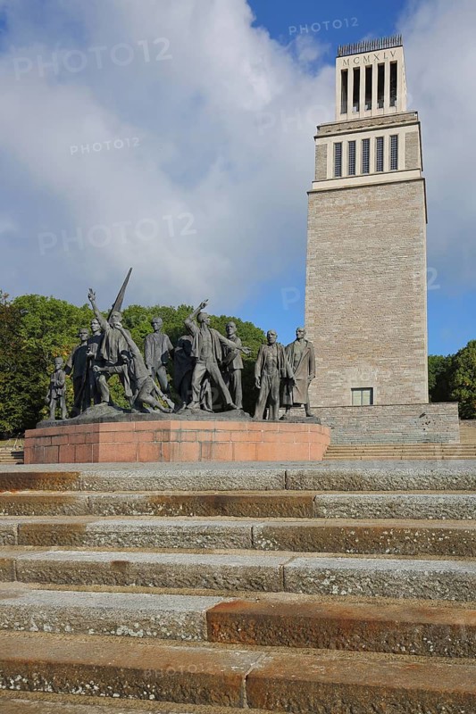 Sculpture group by Fritz Cremer with bell tower, Nazi era memorial and concentration camp, modern art, bronze sculptures, beech forest Memorial, Weimar, Thuringia, Germany
