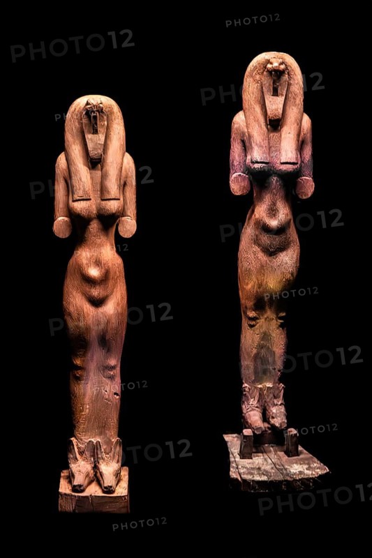 Statues of a cobra-headed goddess from the exhibition: Ramses the Great and the Gold of the Pharaohs, Cologne, North Rhine-Westphalia, Germany