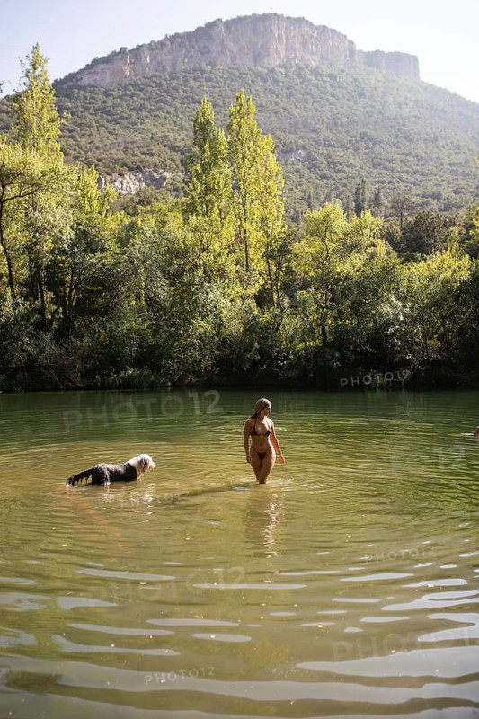 A woman wading into a tranquil lake with her dog on a sunny summer day, surrounded by lush greenery and mountains in the background