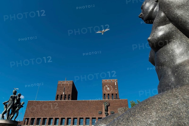 Sculptures of Gustav Vineland in front of City Hall, Oslo, Norway