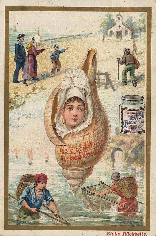 Picture series Situations by the sea, shell, fishermen, seafaring church, Liebig picture, digitally restored reproduction of a collector's picture from around 1900, public domain, exact date unknown, A child appears in a shell by the river while people walk along the shore
