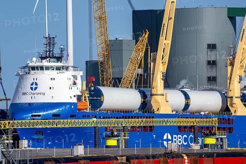 The seaport of Eemshaven, Emmahaven Basin, is where the components, rotors, tower components, technical gondolas, for offshore wind farms, which are then assembled into actual wind turbines, the components are transported to the wind farms in the North Sea and assembled there, Eemshaven, the Netherlands