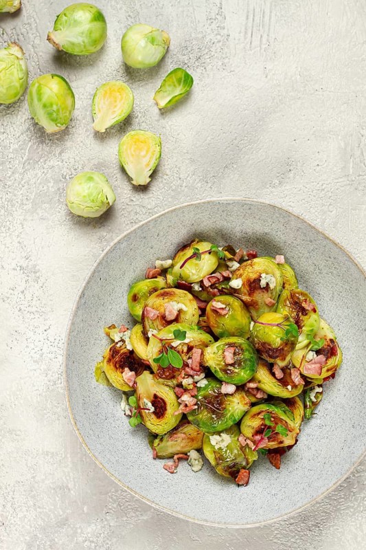 Roasted brussels sprouts, with bacon, vegetarian food, homemade, no people