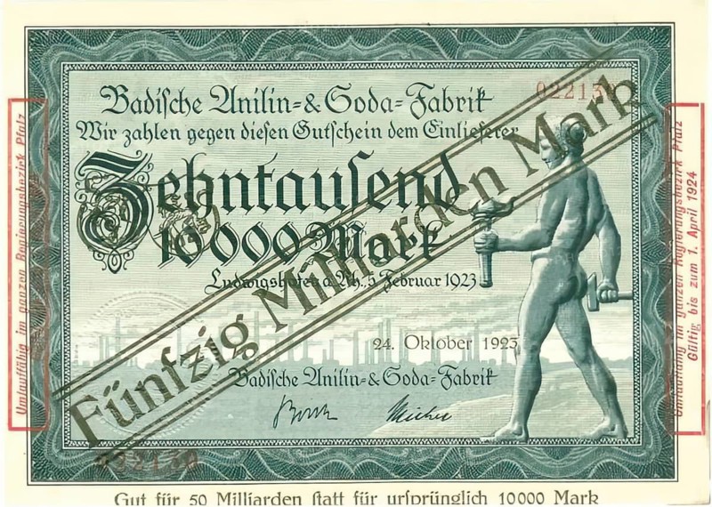 Emergency money, 1923, 50 billion marks, inflation, overprint on a voucher for 10, 000 marks from Badische Anilin und Soda Fabrik, Germany, reproduction of a historical banknote