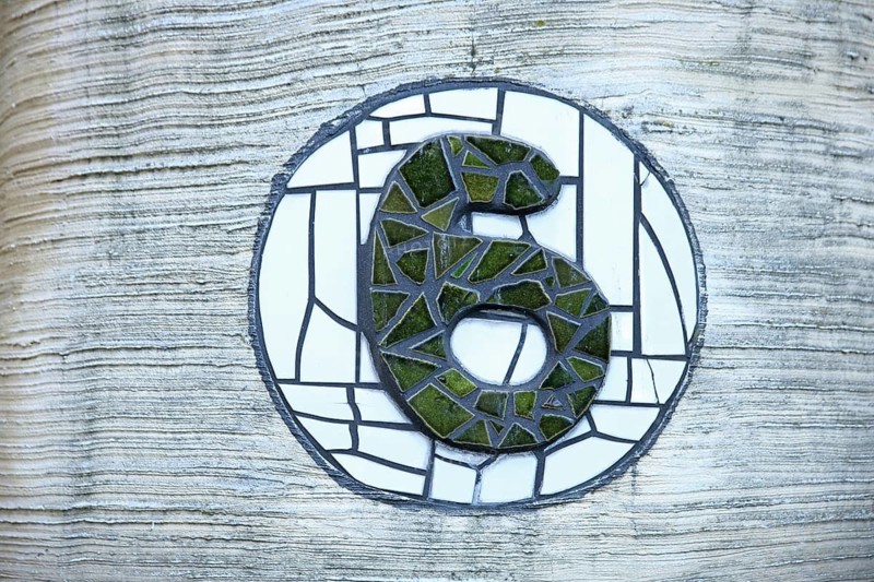 House number 6 at the Waldspirale Hundertwasserhaus, six, number, digit, green, mosaic, tiles, Darmstadt, Bergstraße, Hesse, Germany