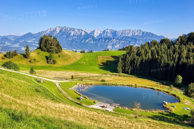 Idyllic mountain landscape with a clear lake, surrounded by green meadows and forests under a clear blue sky, Bichler Kunstsee lake