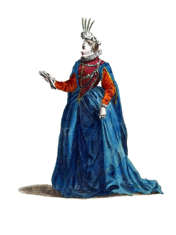 Historical clothing, fashion through the ages, style of dress of a lady of rank in France in 1581, digitally restored reproduction of a model from the 18th/19th century, exact date unknown, woman in a magnificent blue dress with crown and orange underdress