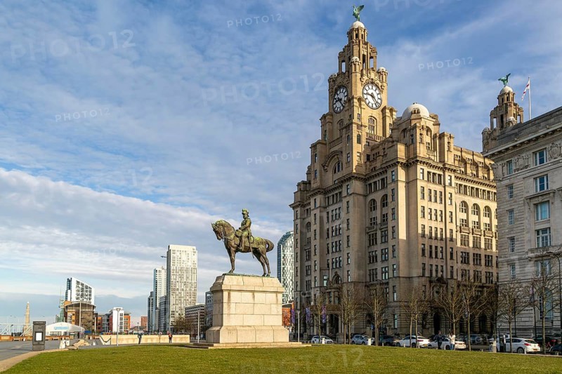 The Royal Liver building, Pier Head, Liverpool, England, UK completed 1911 architect Walter Aubrey Thomas, King Edward VII equestrian statue