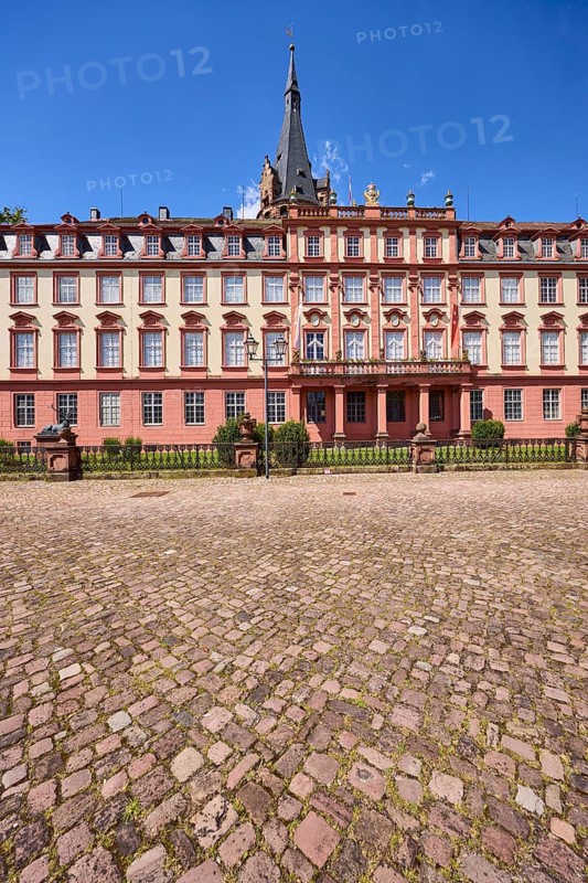 Erbach Castle, cobblestone square, blue sky, market square, Erbach, Odenwald, Odenwaldkreis, Hesse, Germany