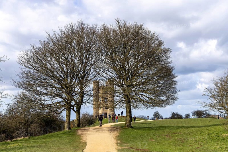 Winter trees, tower, people, Broadway Tower, Broadway, The Cotswolds, England, Great Britain