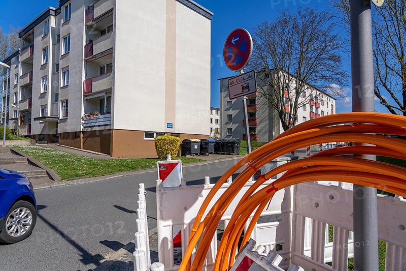Construction site, empty conduits for fibre optic cable, laid in a residential area in Bochum-Hordel, from here the connections go directly to the households, North Rhine-Westphalia, Germany