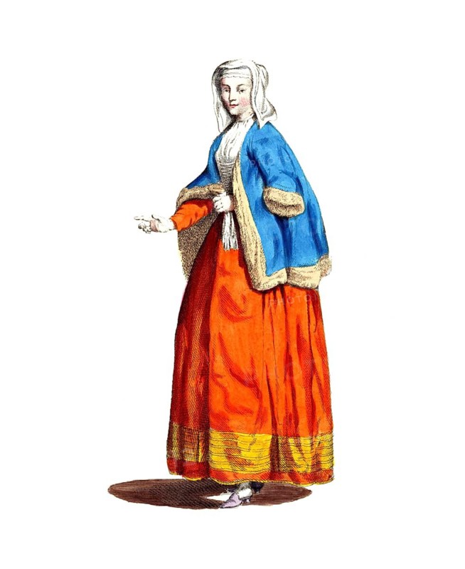 Historical clothing, fashion in the course of time, dress of a lady in Holland around 1640, digitally restored reproduction of a model from the 18th/19th century, exact date unknown, woman in traditional traditional costume with blue fur cape and orange skirt