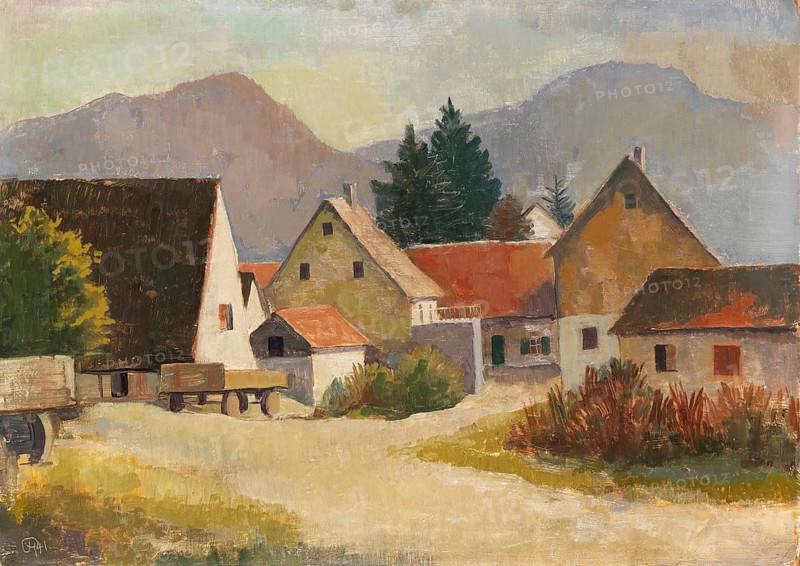 Karl Christian Ludwig Hofer, also Carl Hofer (born 11 October 1878, died 3 April 1955), German painter of Expressionism and Expressive Realism. Here his work Landscape in Baden Germany, Baden Landscape Germany (1941), Painting, Reproduction of the painting, Original condition, Work of art, Historical, Rural village with several houses and mountains in the background, idyllic and peaceful atmosphere