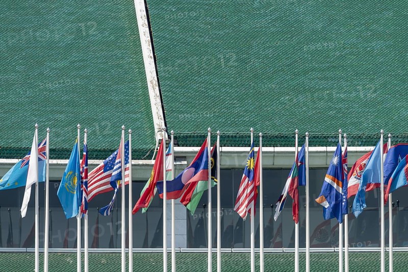 Many flags in front of the United Nations Conference Centre, Bangkok, Thailand