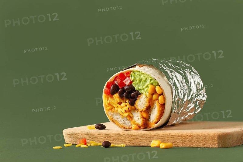 A close-up of a chicken burrito cut in half, revealing colorful ingredients like black beans, corn, cheese, and guacamole wrapped in foil on a wooden board with a green background