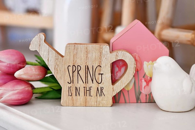 Spring decor arrangement with bird, house, tulip flowers and watering can with text 'Spring is in the air'