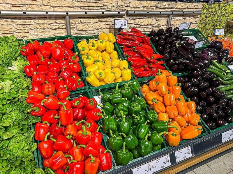Vegetable rack in a supermarket. bell pepper. Stuttgart, Baden-Württemberg, Germany