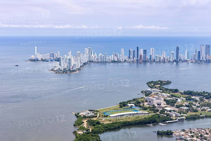 Cartagena skyline with skyscrapers in the Caribbean by the sea Aerial view from above in Cartagena, Colombia