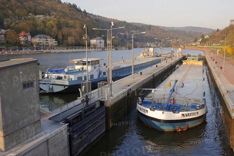 Cargo ships in the ship lock, Heidelberg, Baden-Württemberg, Germany