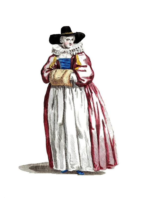 Historical clothing, fashion over time, clothing of a middle-class woman in London in 1640, England, digitally restored reproduction of an 18th/19th century model, exact date unknown, woman in colonial times with pink dress and black hat, formally and elegantly dressed