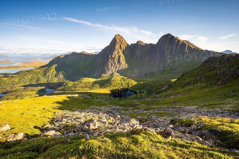 View of mountains and landscape along the Dronningruta hike, near Nyksund, Langøya Island, Vesterålen, Northern Norway, Norway