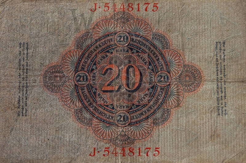 Banknote, banknote, 20 Mark, 1914, Berlin, Germany, reproduction of a historical banknote