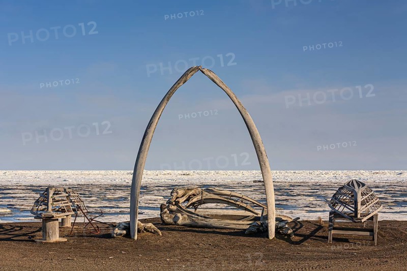 Whale bones and boat scaffolding off the Arctic Ocean, pack ice, Point Barrow, Barrow, Alaska, USA