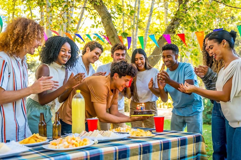 Multi-ethnic friends singing birthday song to man with cake during picnic at park