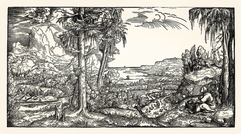 Landscape with the Evangelist John and Mary with the Christ Child, German woodcut, anonymous, 16th century
