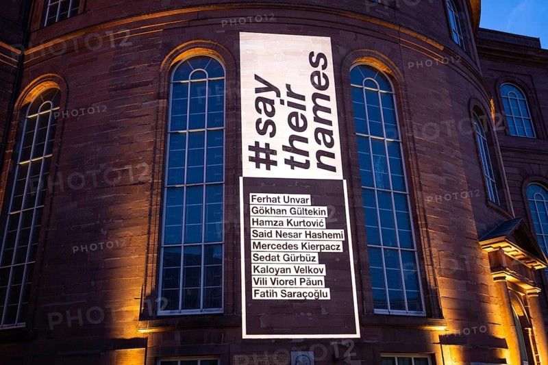 A memorial service is held in front of St Paul's Church in Frankfurt am Main for the victims of the racially motivated attack in Hanau on 19 February 2020. Nine people were killed at the time. The names of the victims can be read on the façade of St Paul's Church under the hashtag saytheirnames, St Paul's Church, Frankfurt am Main, Hesse, Germany