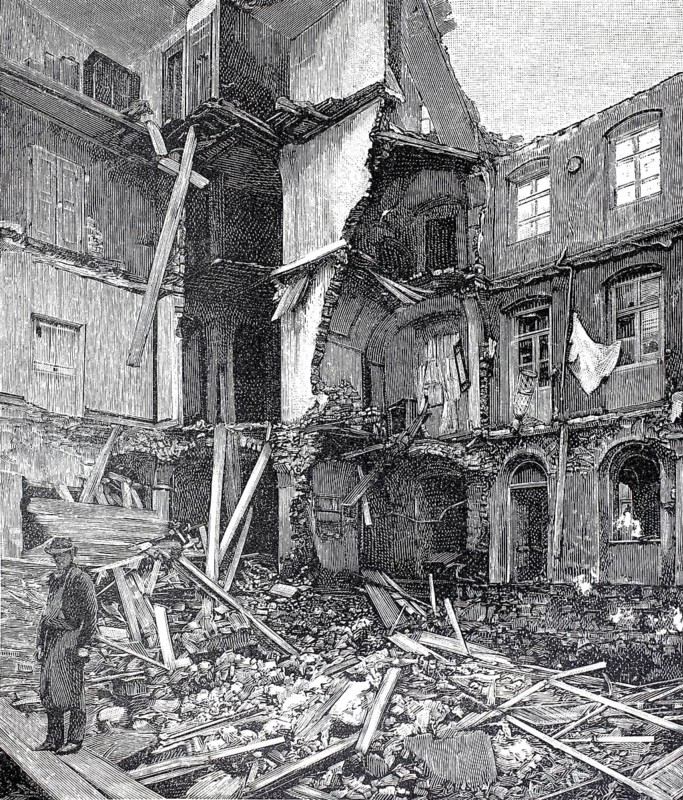 Flood, flood disaster in Carlsbad due to the Tepl River, November 1896, here the house to the coffee tree, after its destruction, illustration, reproduction from a model from the 19th century. Authentic, file restored for optimal use, exact date of submission unknown, Historic, A destroyed building with rubble in a courtyard, one person standing thoughtfully