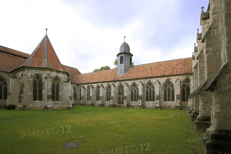 Courtyard with cloister of the Gothic UNESCO monastery, Turmhelm, Walkenried, Harz, Lower Saxony, Germany