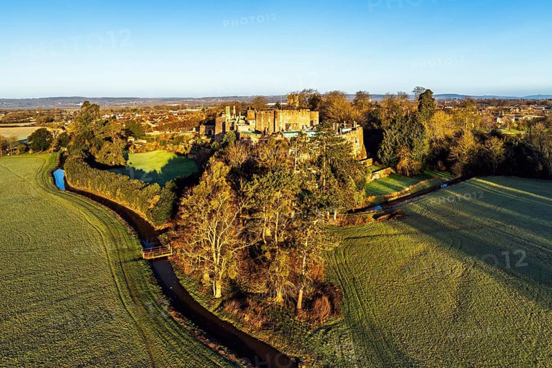 Berkeley Castle from a drone, Berkeley, Cotswolds, Gloucestershire, England, United Kingdom