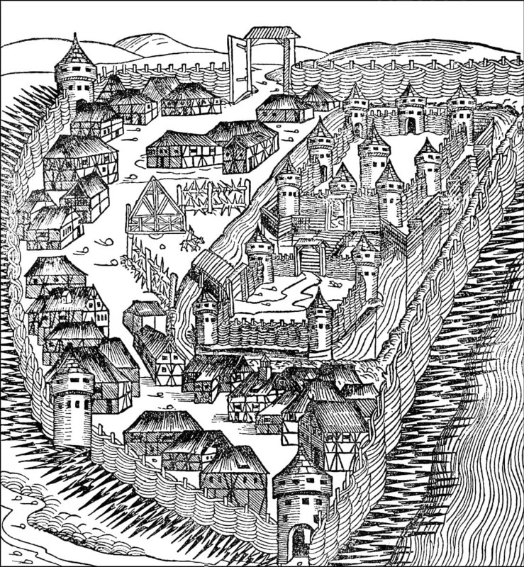 The beginning of a medieval city, Europe, Historische Zeichnung, Anfänge einer befestigten Stadtansicht im Mittelalter