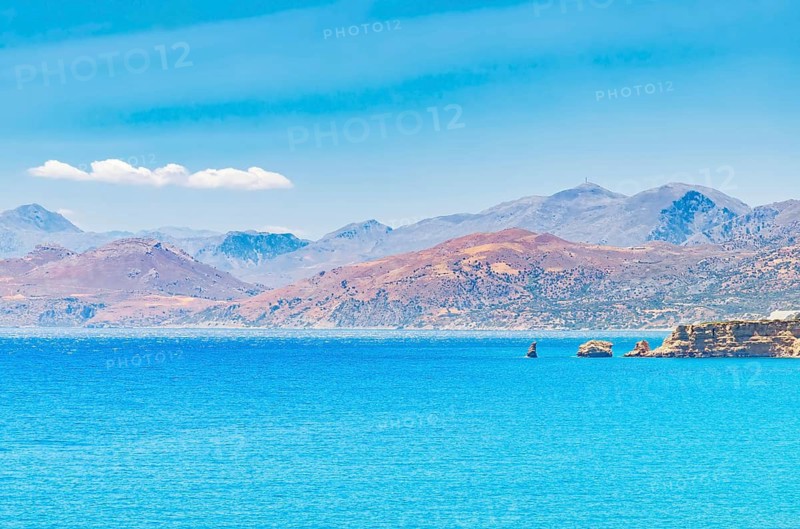 View of the White mountains from Agios Pavlos beach, Agios Pavlos, Southern Crete, Crete, Greek Islands, Greece