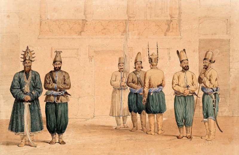 Retinue of Shah Shoojau Ool Moolk, Mahomed Shah Giljee, Chief Executioner, Ghufoor, a mutilator, Kabul, Afghanistan, after an illustration from 1838 by James Atkinson (1780-1852), Illustration, Reproduction from a 19th century original. Authentic, file restored for optimal use, exact date of original unknown, Historical, Persian officers in traditional dress standing in front of an architectural background